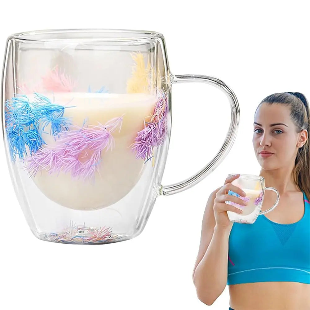 Dried Flowers Double Walled Coffee Mug 350ml Dried Flowers Glass Mugs Unique Creative Flower Mug with Handle Anti-Scalding Mug