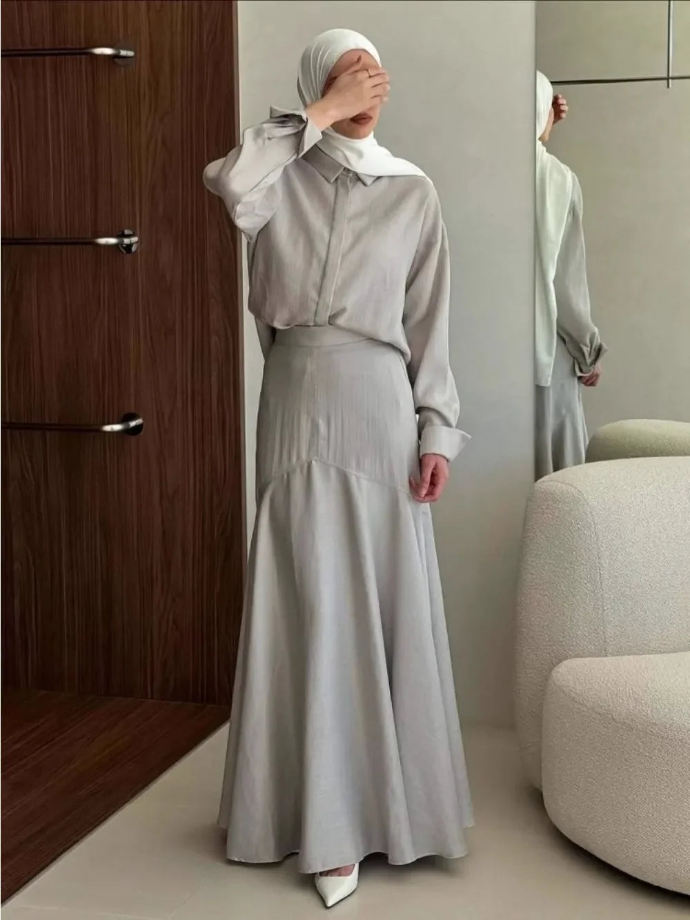 Eid Muslim Set Women Top Shirt Skirt 2 Piece Set Blouse Single Breaterd Solid Skirts Suits Arabic Dubai Musulman Ensembles 2025