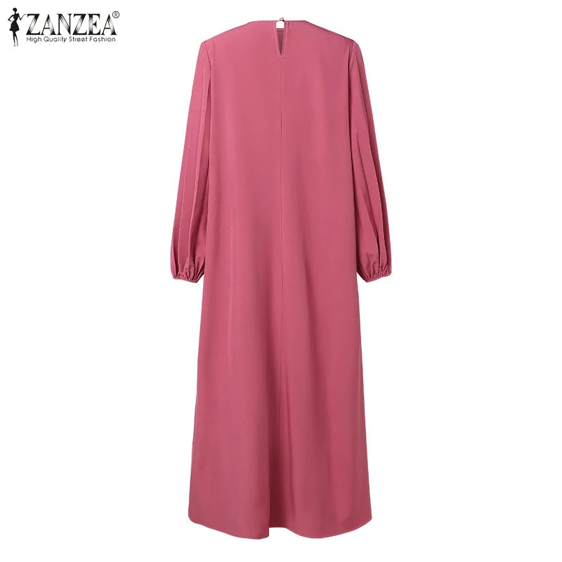 ZANZEA Women Muslim Fashion Dresses Elegant Long Lantern Sleeve Loose IsIamic Vestidos Kaftan Solid Pleated Sundress Robe Femme