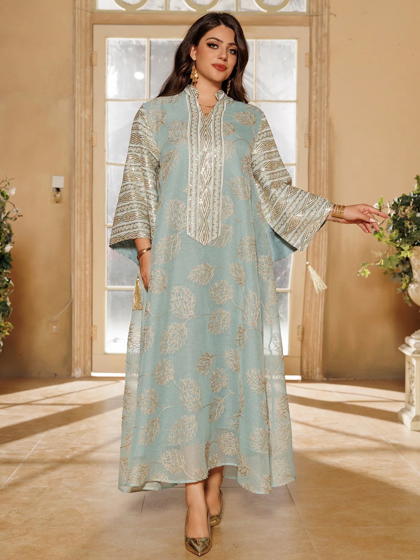 Muslim Women's Light Blue Islamic Embroidered Abaya with Gold Detailing Ideal for Formal Events in Middle East like UAE Saudi