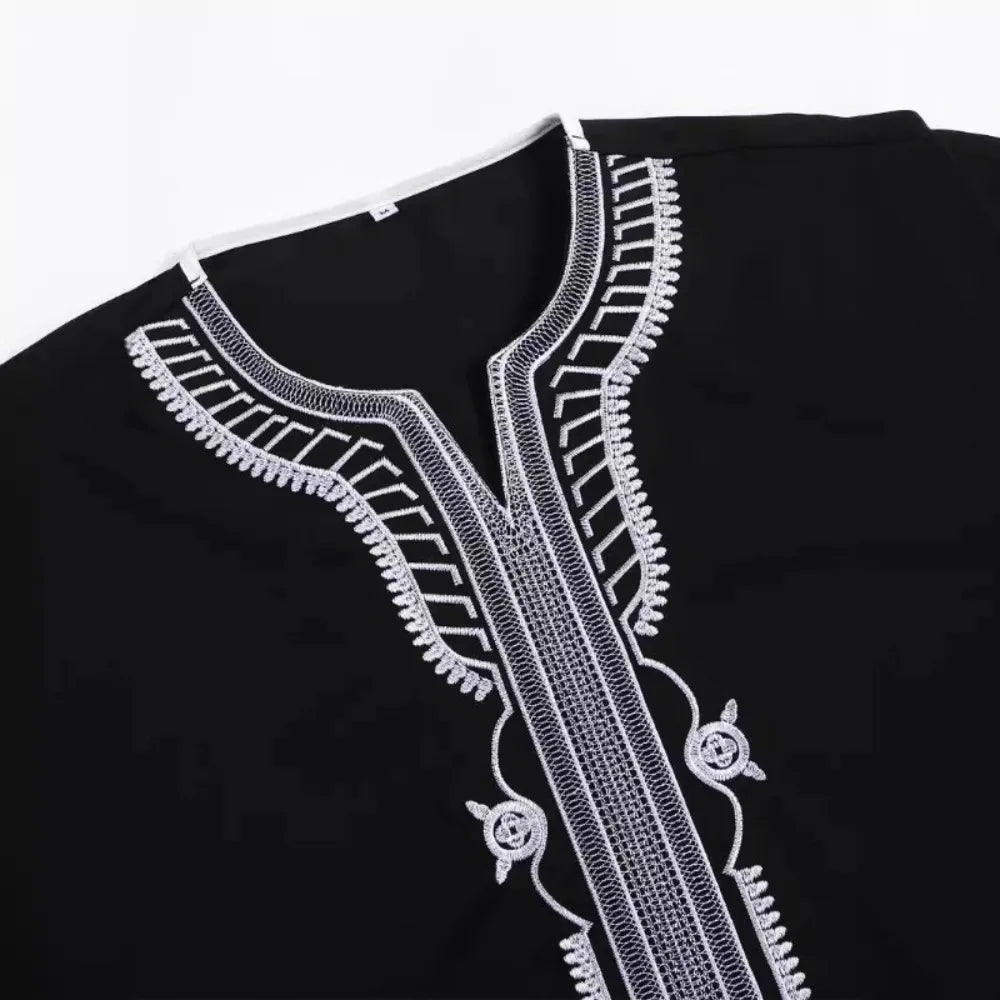Men's Loose Abaya Short Sleeve Embroidered Moroccan Arabic Style Islamic Traditional Muslim Clothing for Men