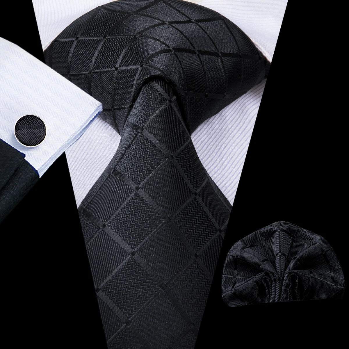Hi-Tie Plaid Silk Tie For Men Elegant Mens Blue Grey Necktie Pocket Square Cufflink Groom Wedding Accessory Wholesale Designer