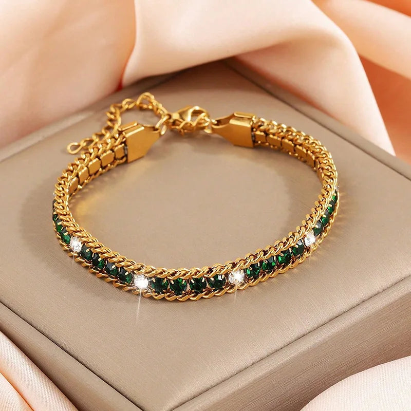ZMZY Gold Color Women's Cubic Zirconia Stainless Steel Bracelet Adjustable Link Lightweight Non Tarnish Iced Out Chain Bracelet