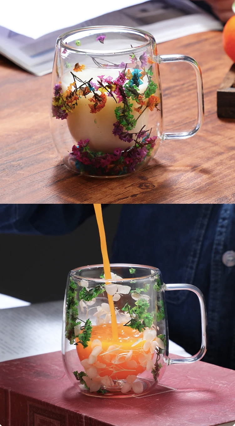 Dried Flower Coffee Mug Double Wall Glass Cup Home Party Cups Cafe Tea Milk Juice Cups For Mother Gift Girls Christmas Gifts
