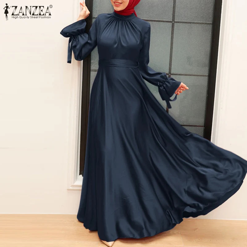 Elegant Muslim Dress Abaya Women Long Dress 2025 ZANZEA Long Sleeve Satin Party Sundress Robe Femme Turkey Hijab Vestidos Kaftan