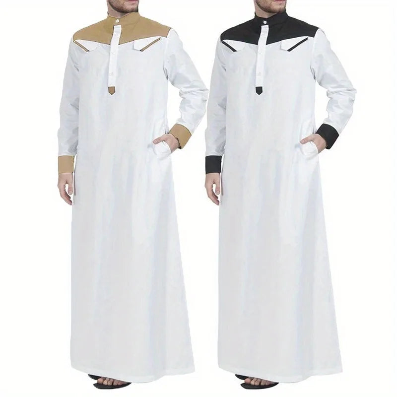 Southeast Asian Muslim Men's Thobe - Color Block Long Sleeve Robe with Mandarin Collar, Traditional Islamic Prayer Dress