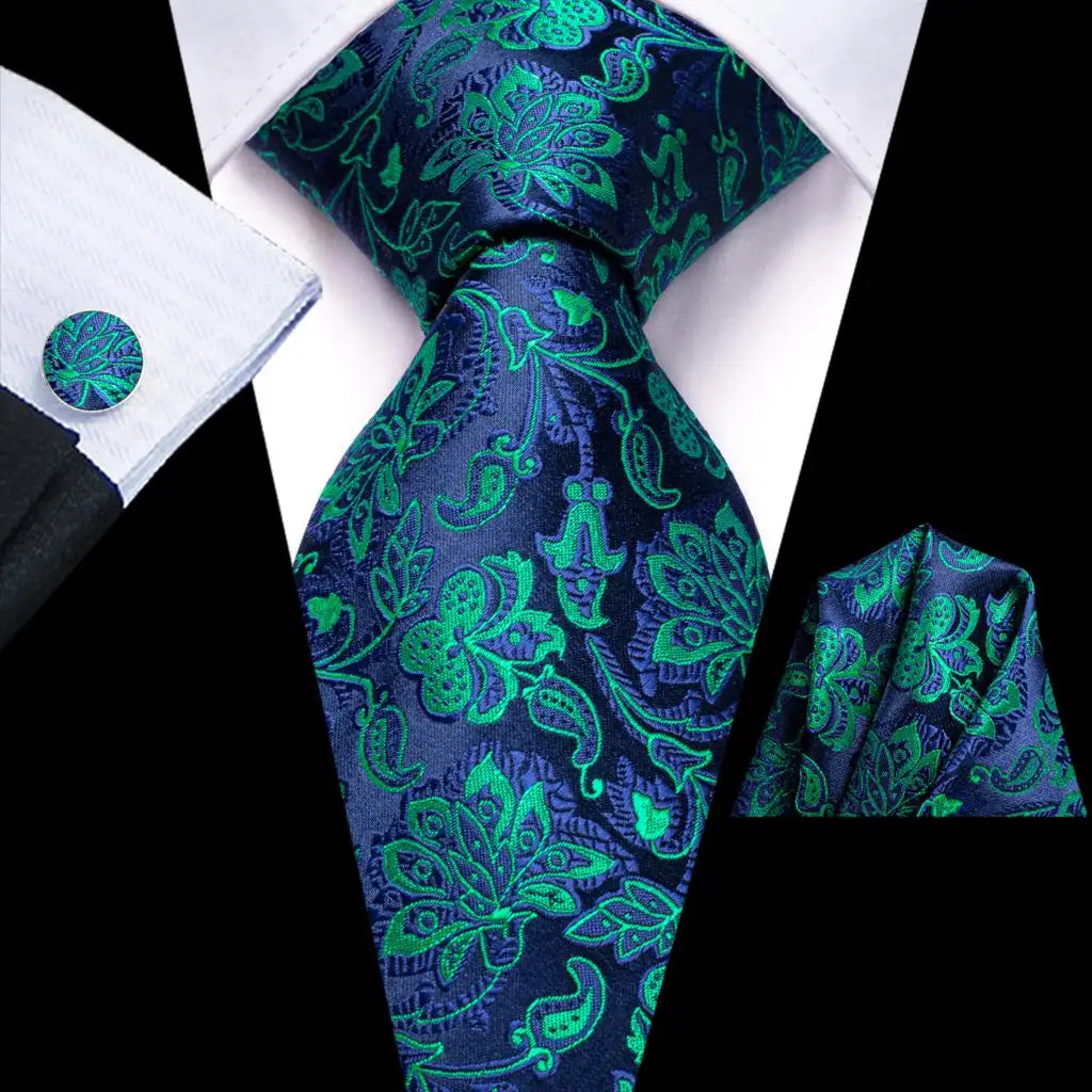 Hi-Tie Teal Green Floral Mens Fashion Necktie Handkerchief Cufflinks for Tuxedo Accessory Classic Silk Luxury Tie for Man Gift