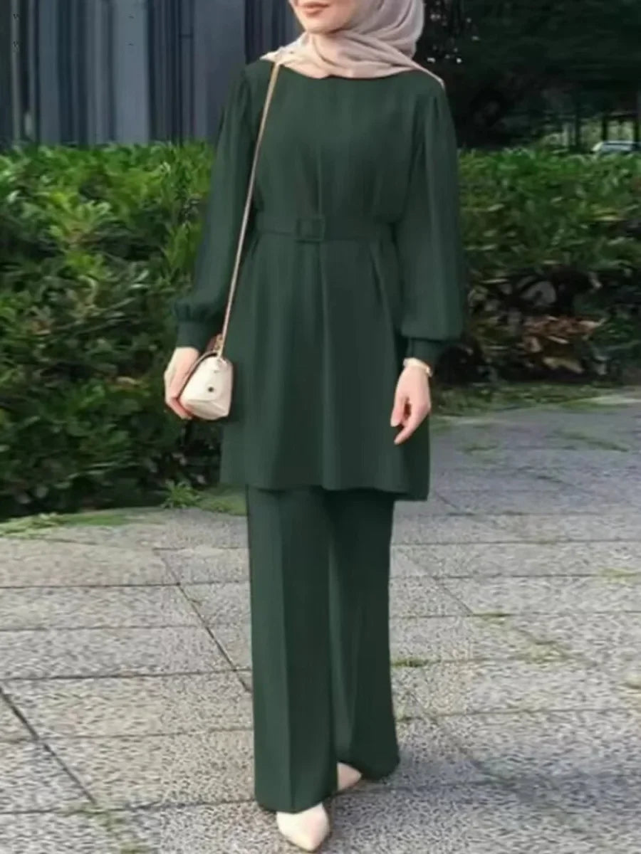 Arab Women Eid Muslim Two Pieces Set Lace-up Blouse & Pant Musulman Ensemble Belt Matching Sets Button Shirt Femme Abaya Ramadan