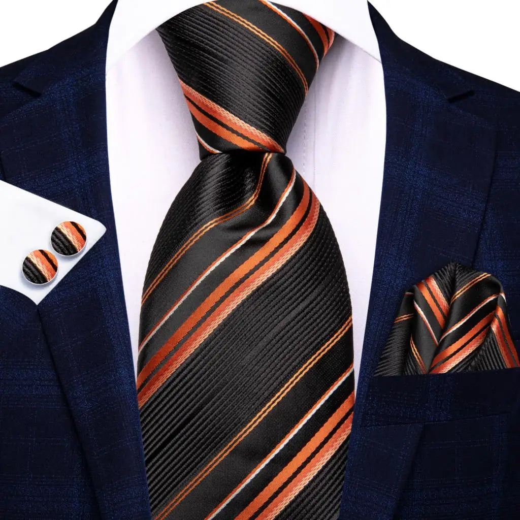 Hi-Tie Men Fashion Striped Navy Blue Necktie Handkerchief Cufflinks for Tuxedo Accessory Classic Silk Luxury Tie for Man Gift