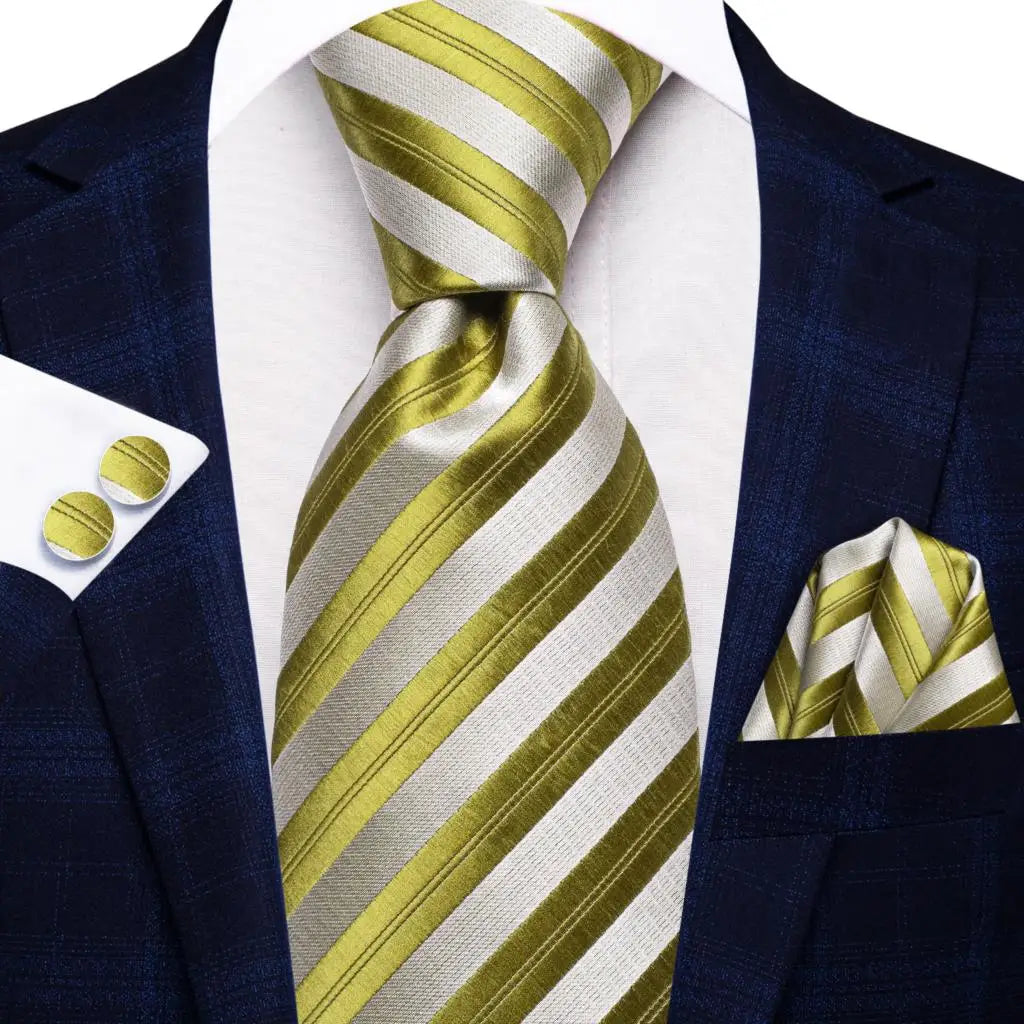 Hi-Tie Men Fashion Striped Navy Blue Necktie Handkerchief Cufflinks for Tuxedo Accessory Classic Silk Luxury Tie for Man Gift
