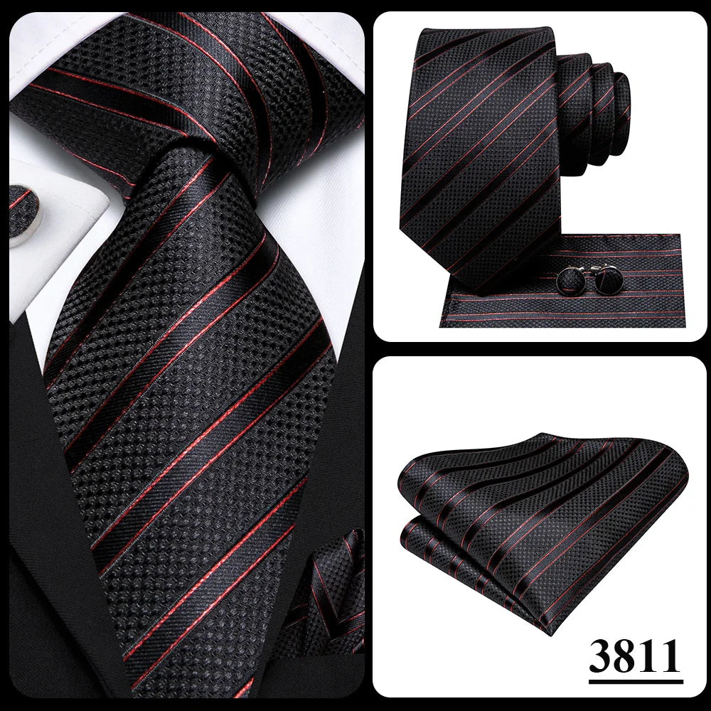 Hi-Tie Men Fashion Striped Navy Blue Necktie Handkerchief Cufflinks for Tuxedo Accessory Classic Silk Luxury Tie for Man Gift