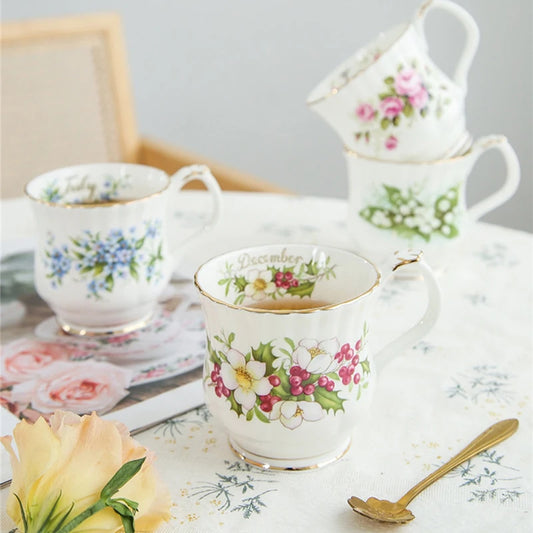 Retro Coffee Mug Ceramic Exquisite Seasonal Flower Printed Couple Cup Bone China Creative Gift Home Drinkware Breakfast Milk Mug