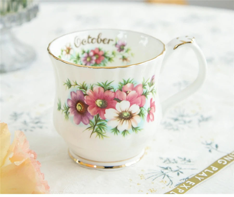 Retro Coffee Mug Ceramic Exquisite Seasonal Flower Printed Couple Cup Bone China Creative Gift Home Drinkware Breakfast Milk Mug