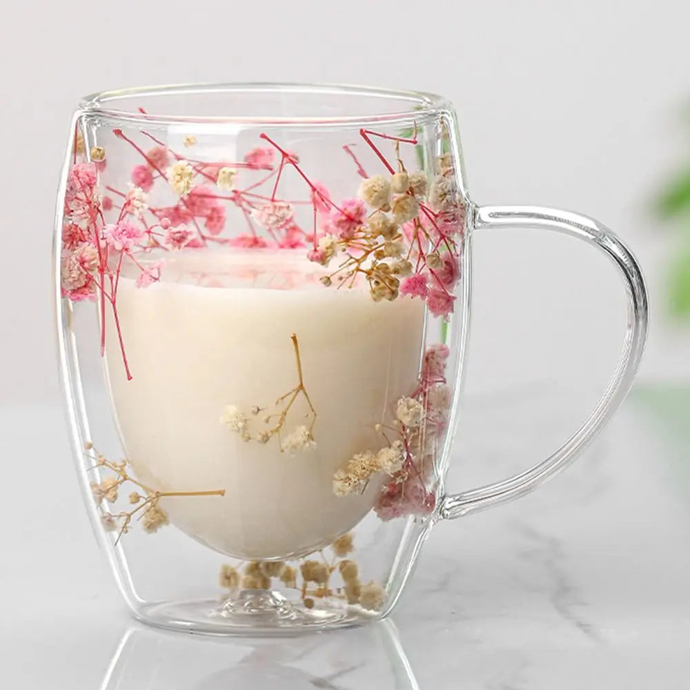 Creative 350ml Dried Flowers Glass Mugs Heat Resistant Gypsophila Double Wall Glass Cup with Handle Coffee Mug Home&Office