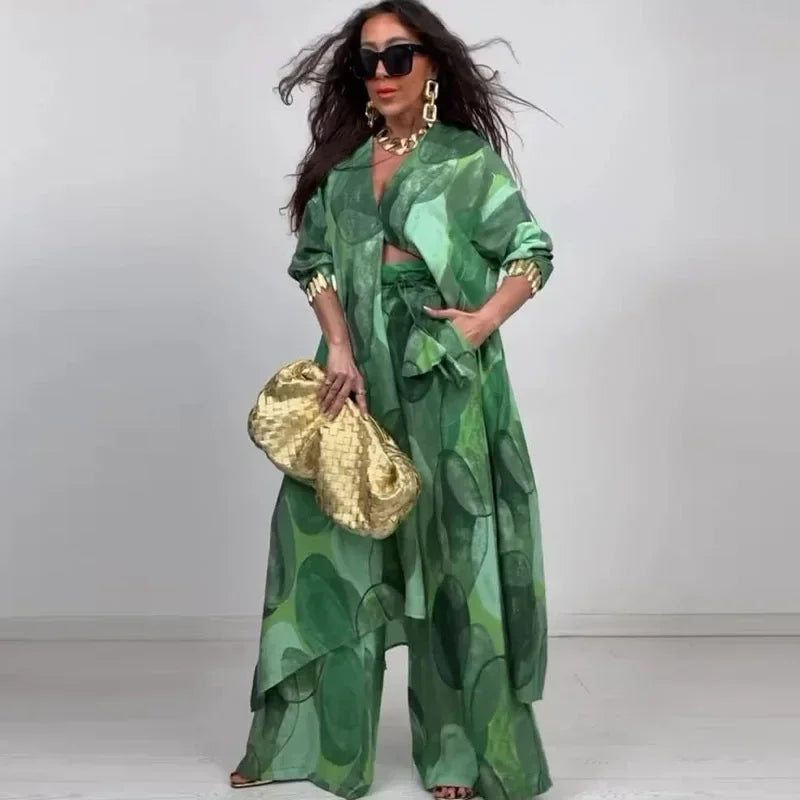 Eid Muslim Suits Women Print Blouses Wide Leg Pants Set Two Piece Musulman Ensemble Dubai Arabic Morocco Islam Casual Ramadan