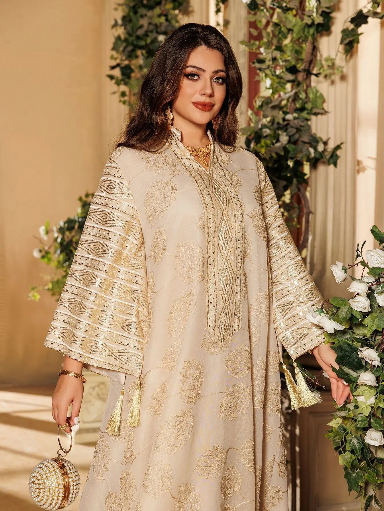 Elegant Light Green Abaya for Islamic Ladies Intricate Gold Embroidery and Tassel Accents Perfect for Festivities in Middle East