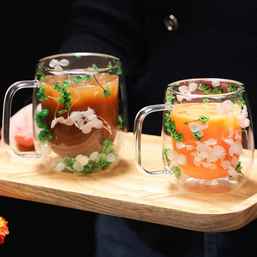 Double Walled Glass Mugs Double Wall Dried Flower Cup for Coffee Heat Resistant Dried Flower Double Wall Glass Mug for Cold