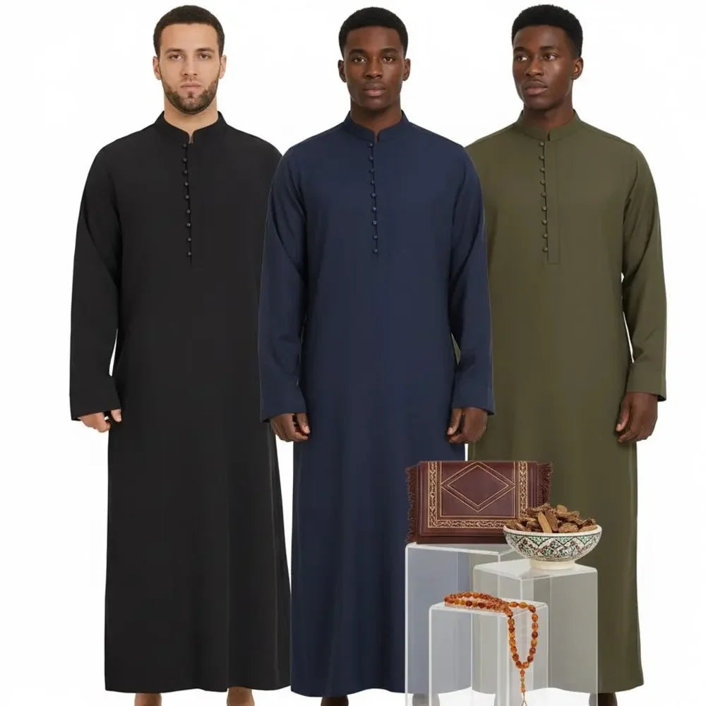 Muslim Robe for Men Loose Silhouette Stand Collar & Crew Neck, Classic Arabic Middle Eastern Traditional Clothing for Daily Wear