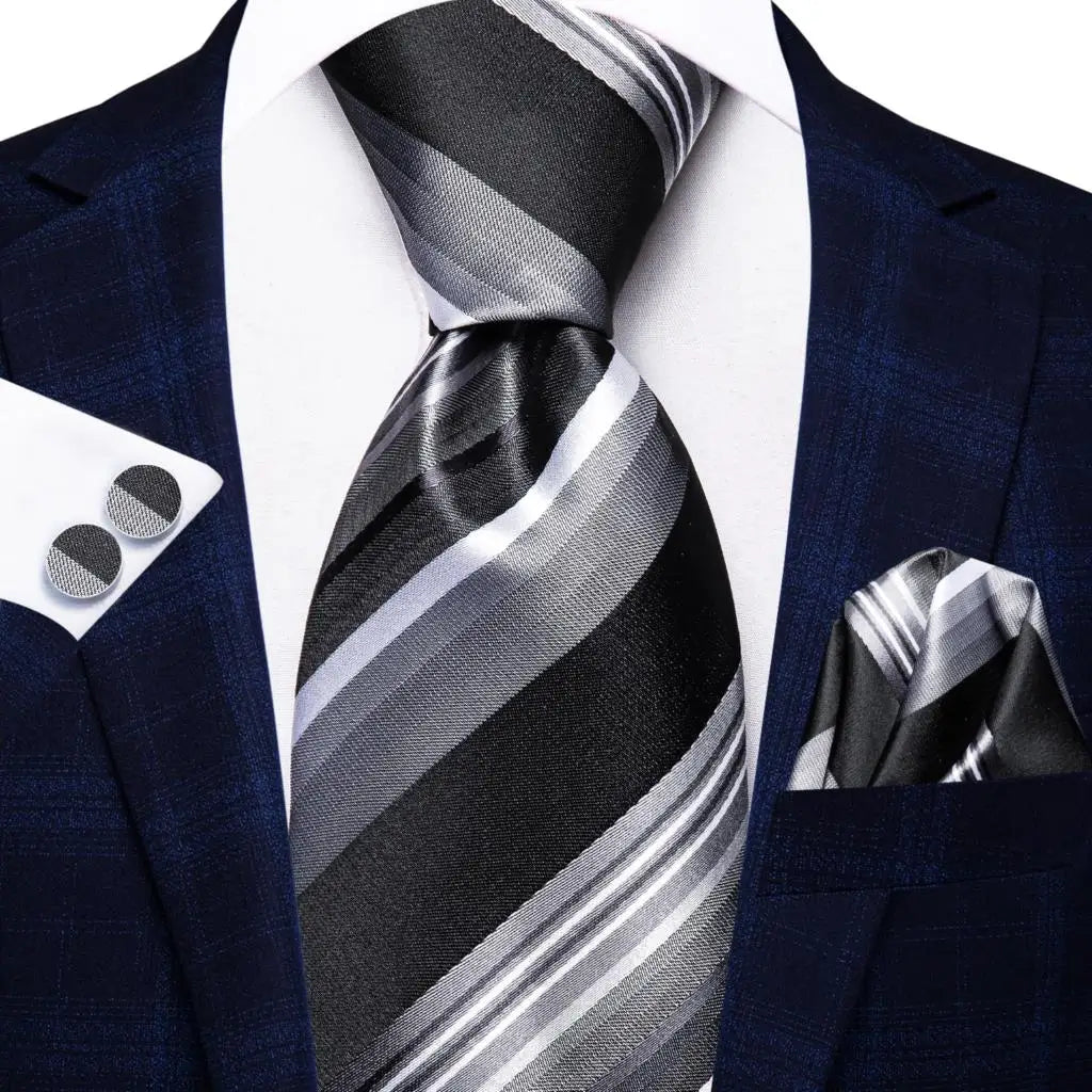 Hi-Tie Men Fashion Striped Navy Blue Necktie Handkerchief Cufflinks for Tuxedo Accessory Classic Silk Luxury Tie for Man Gift