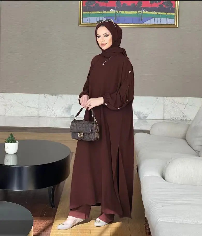 Blouse 2 Piece Set Muslim Set Dress Women Long Sleeve Abaya Shirt Wide Leg Pant Suits Arabic Dubai Dresses Musulman Ensembles