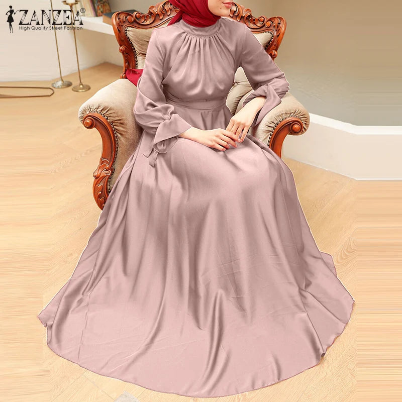 Elegant Muslim Dress Abaya Women Long Dress 2025 ZANZEA Long Sleeve Satin Party Sundress Robe Femme Turkey Hijab Vestidos Kaftan