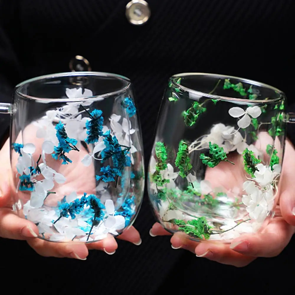 Coffee Mug Double Wall Dried Flower Cup for Coffee Glass Beverage Glasses Tea Mug for Tea Cappuccino Cold Drink flower glass