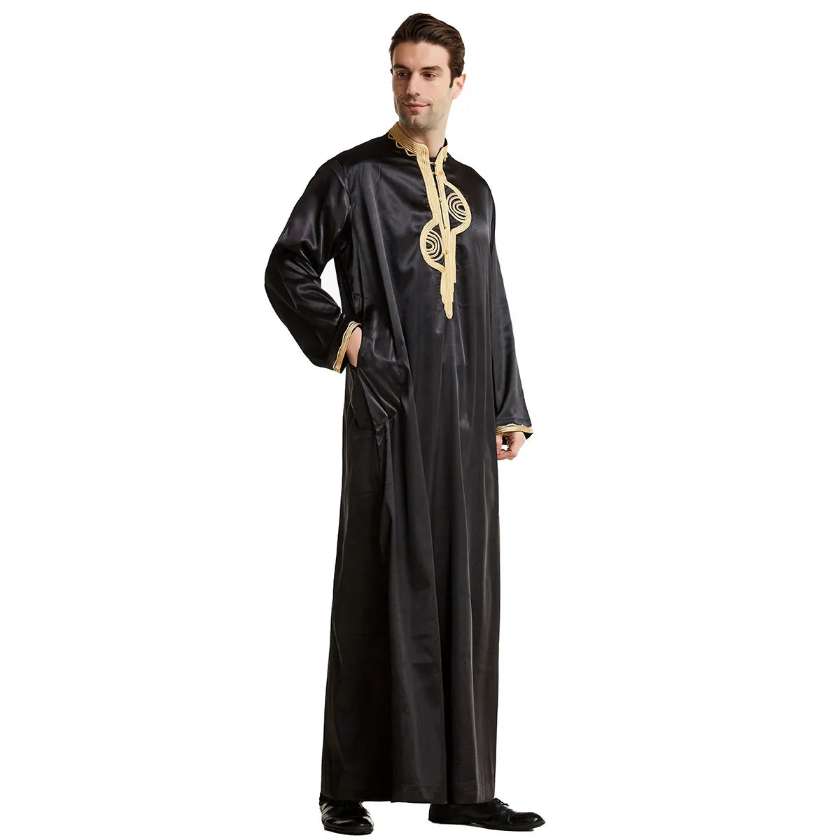 1pcs/lot man fashion embroidery muslim long robe man stand collar long sleeve jubba thobe