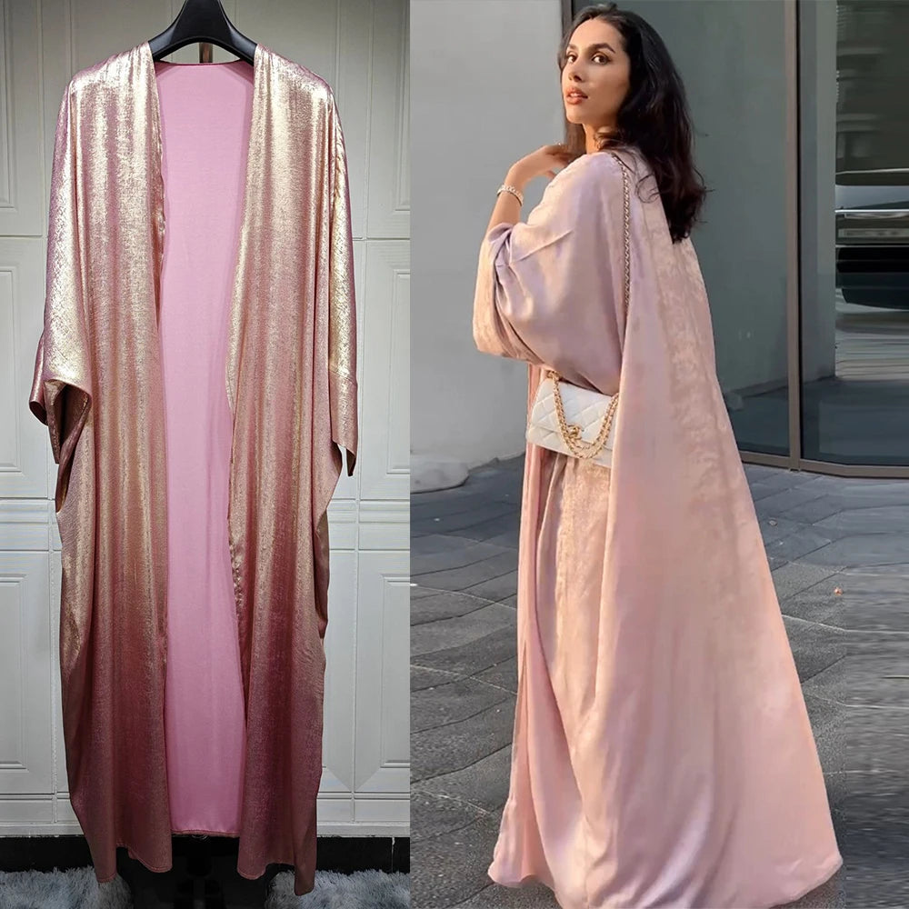 Shiny Satin Open Kimono Abaya 2025 Ramadan Dubai Luxury Muslim Kaftan Dress for Women Islam Clothing Robe Femme Musulmane