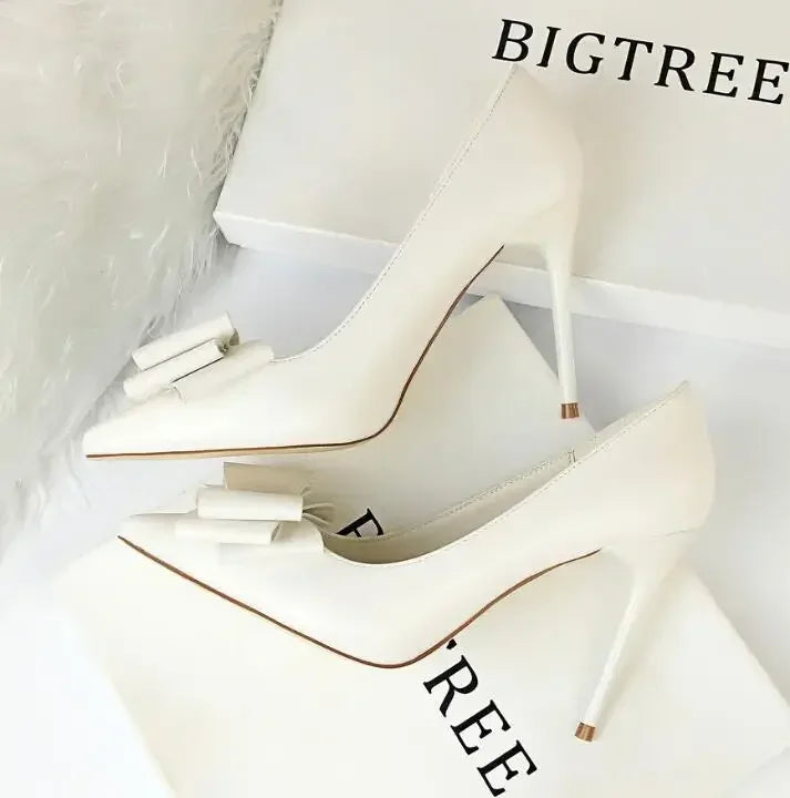 2025 Fashion Delicate Sweet Bowknot High Heel Shoes Side Hollow Pointed Women Pumps Pointed Toe 10.5CM thin Dress Shoes