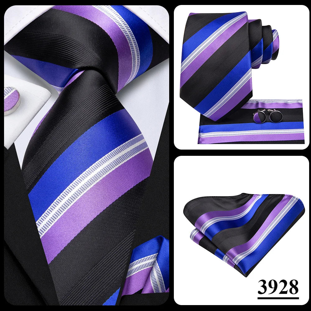 Hi-Tie Men Fashion Striped Navy Blue Necktie Handkerchief Cufflinks for Tuxedo Accessory Classic Silk Luxury Tie for Man Gift