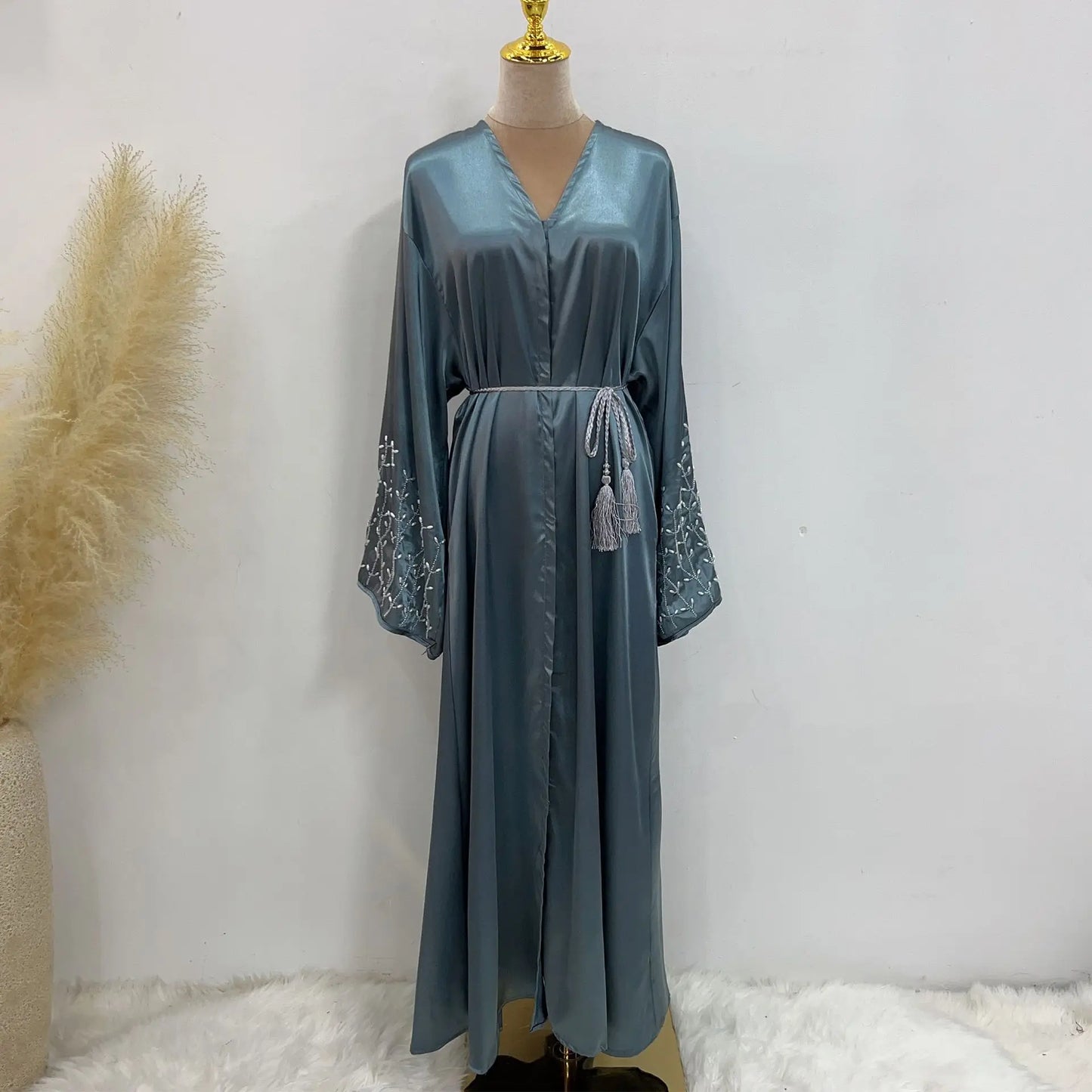 Kimono Abaya Dubai Party Kaftan Solid Beaded Muslim Fashion Hijab Dress Summer Open Abayas for Women Turkey Islam Modest Outfit