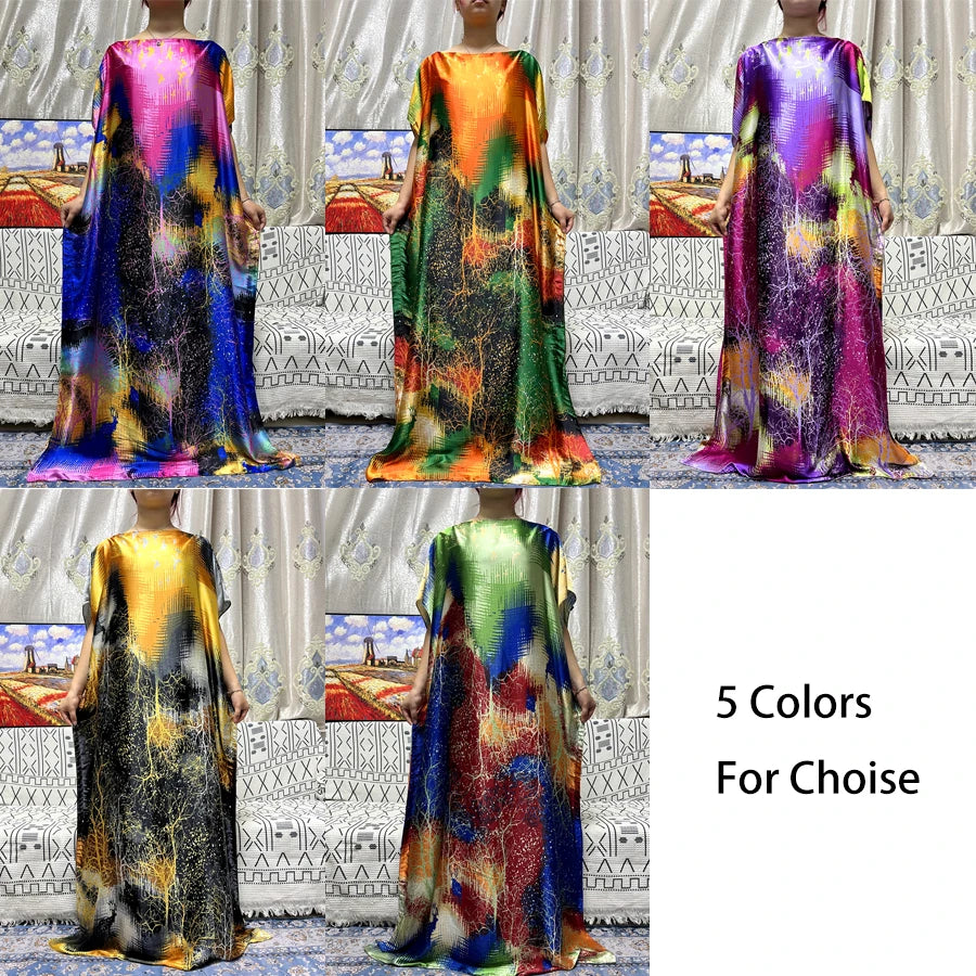 Abayas For Women 2023 Printed Silk Soft Loose Femme Robe Muslim Summer Fashion Clothing African Islam Woman Dresses With Turban