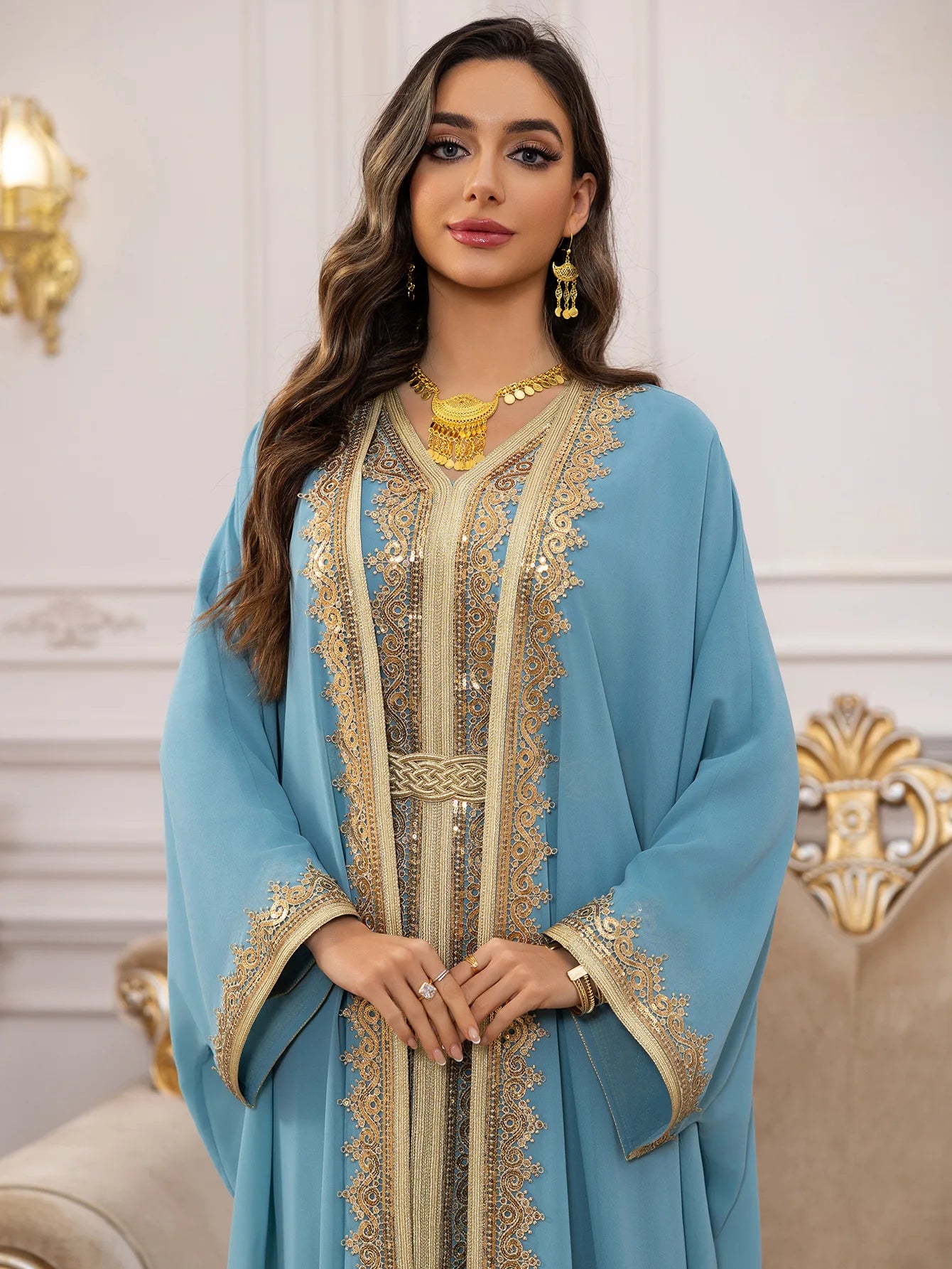 Eid Women Abaya Dress Muslim 2 Piece Set Cardigan with Inner Dress Lace-up Robe Caftan Robe Jalabiya Ramadan Morocco Kaftan 2025