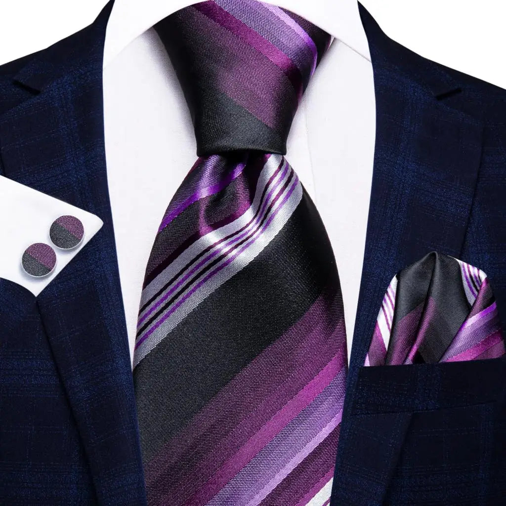 Hi-Tie Men Fashion Striped Navy Blue Necktie Handkerchief Cufflinks for Tuxedo Accessory Classic Silk Luxury Tie for Man Gift