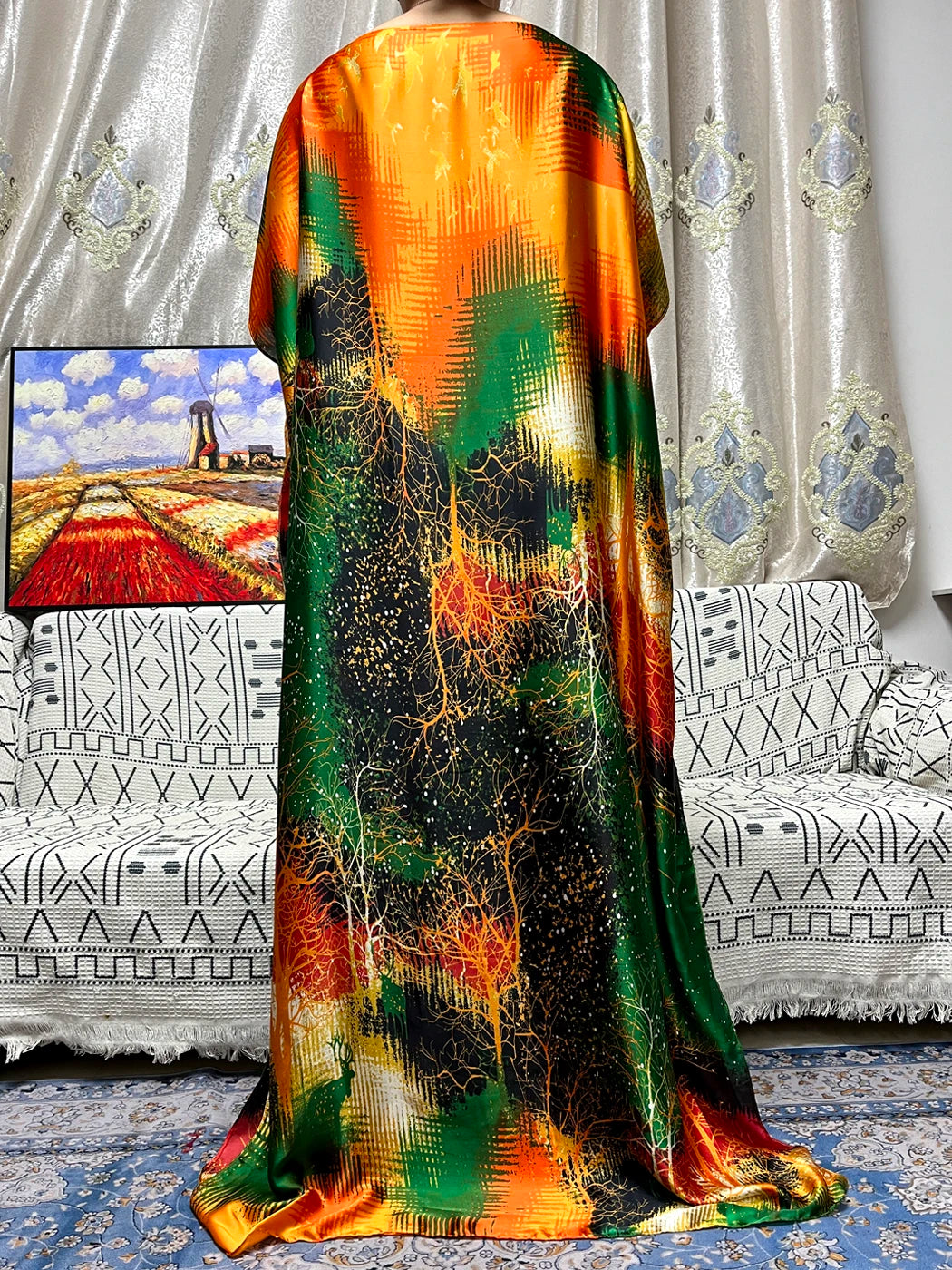 Abayas For Women 2023 Printed Silk Soft Loose Femme Robe Muslim Summer Fashion Clothing African Islam Woman Dresses With Turban