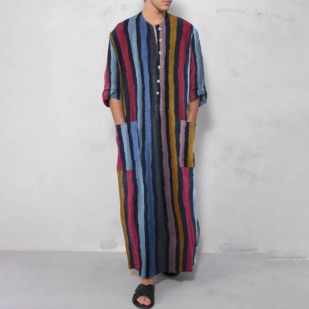 Arab Men's Robe Shirt Long Sleeved Striped Printed T-shirt Muslim Cotton Robe Suitable for Daily Wear and Cultural Activities