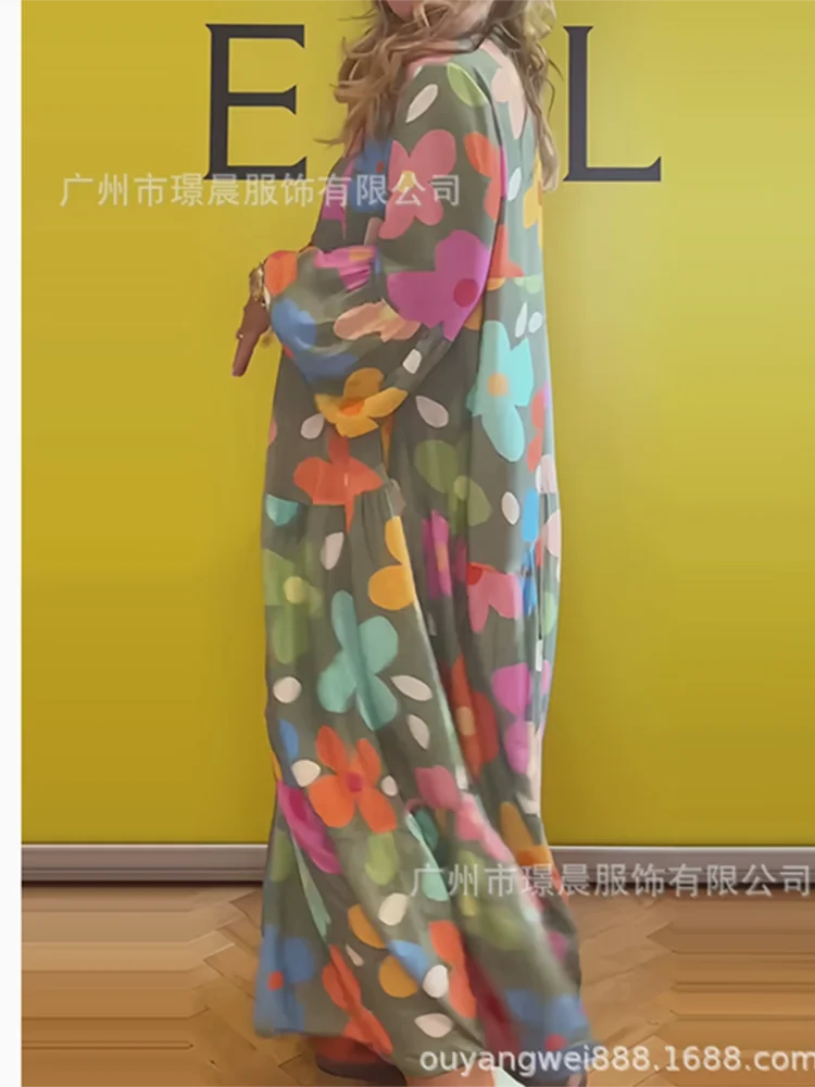 Autumn Women Print Casual Dress New Holiday Elegant Loose Long Dresses Female V-neck Long Sleeve Beach Party Dress Robe Femme