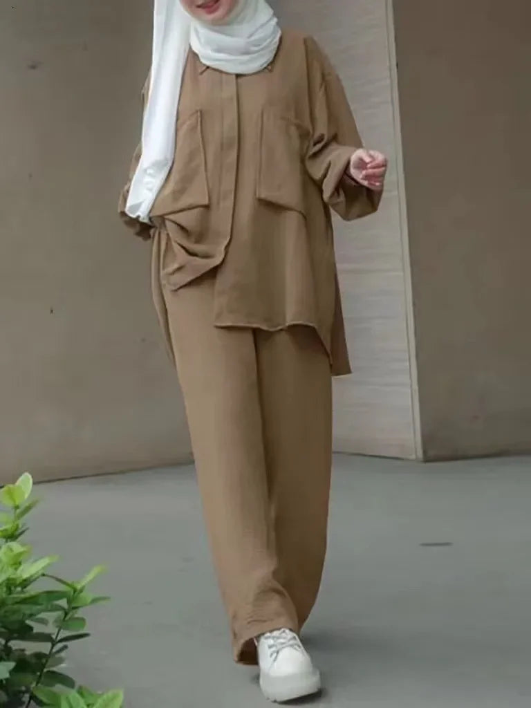 Women Casual Muslim Suit Solid Abaya Eid Ramadan Long Sleeve Blouse+Pants 2 Piece Set Dubai Turkey Kaftan Women Islamic Clothing