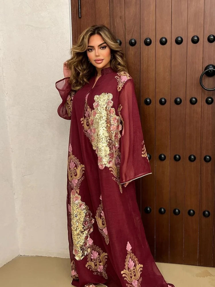 Morocco Dress for Women Muslim Abaya India Stand Collar Abayas Enbroidery Sequins Party Dresses Kaftan Longue Vestidos Largos