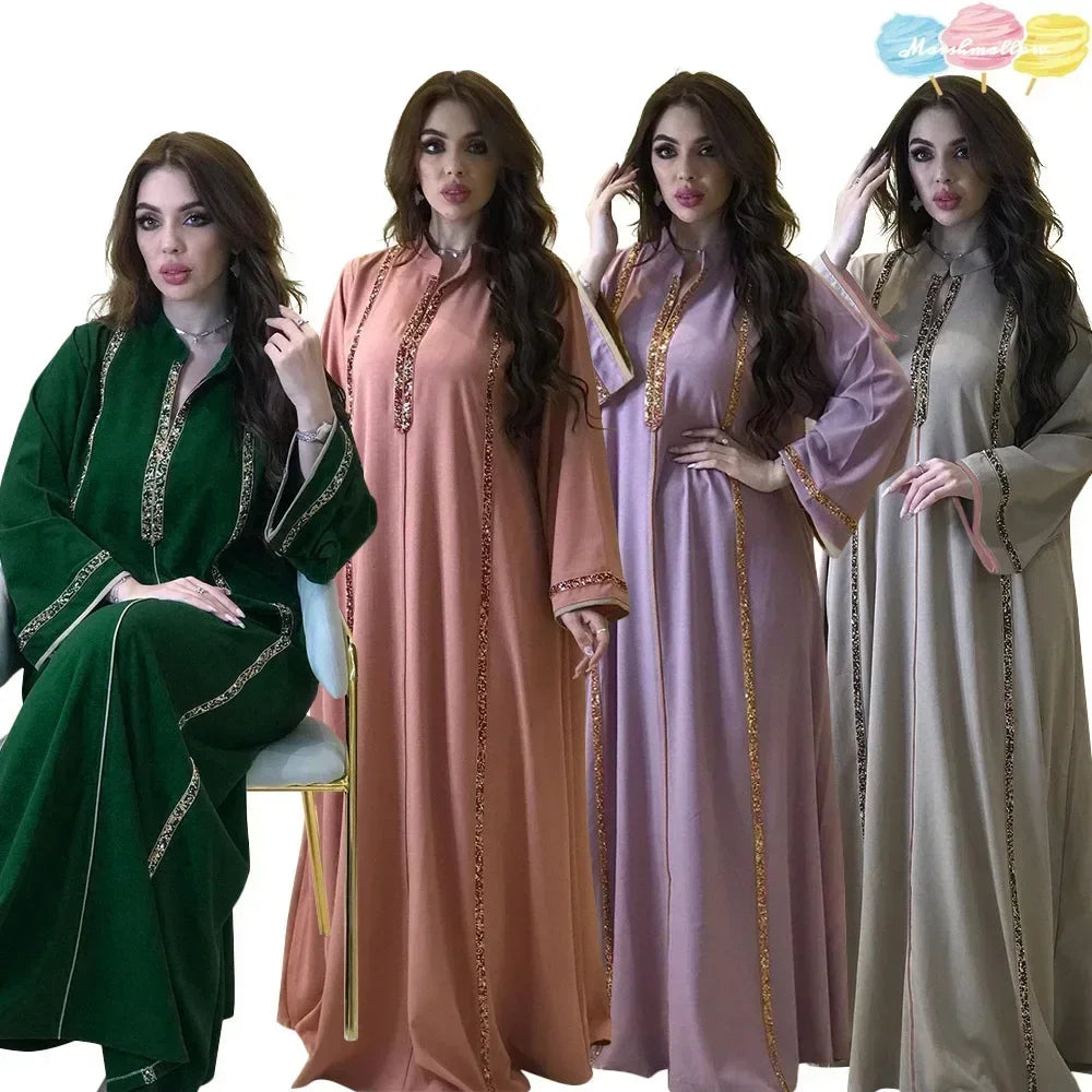 Ramadan Abaya Femme Musulmane Moroccan Kaftan for Woman Fashion Solid Diamonds Full Sleeve Loose Turkish Dubai Robe