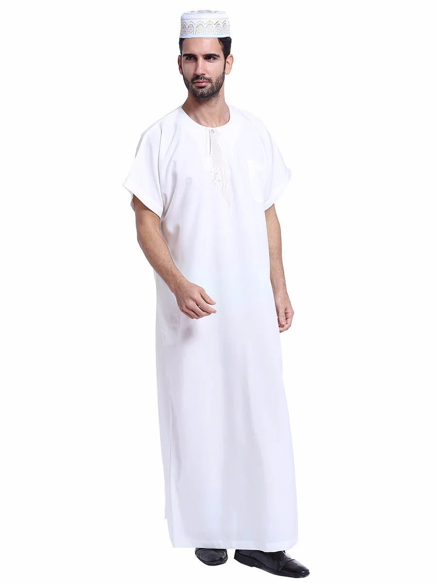 Muslim Kaftan for Men Round Collar Blue White Spring Elegant Robe Arab Vintage Long Sleeves Thobe Robe Turkey Embroidered