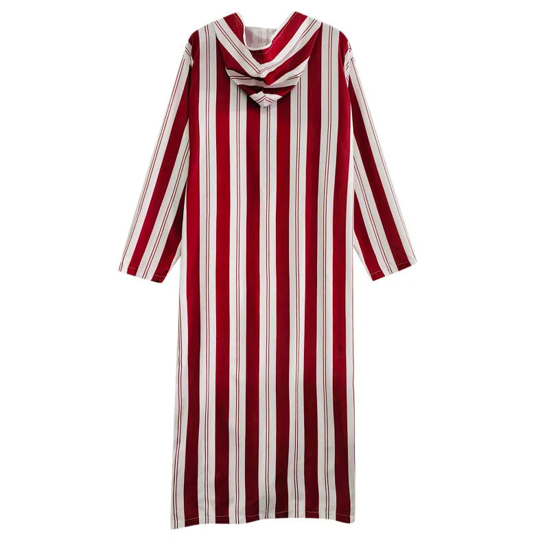 2026 Muslim Men Jubba Thobe Long Sleeve Striped Hooded Breathable Robes Men Thobe Robe Loose Dubai Saudi Arab Kaftan Men Clothes