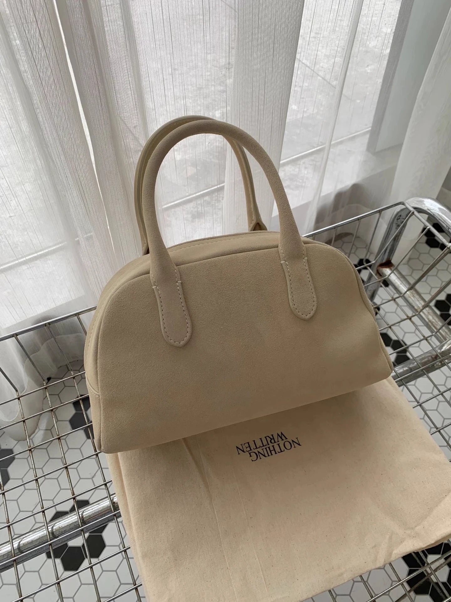 Nothingwritten Suede Leather Bowling Bag Handheld Boston Bag Women's Handbag Korean Sle Hard Handle Canvas  Zipper Cl...