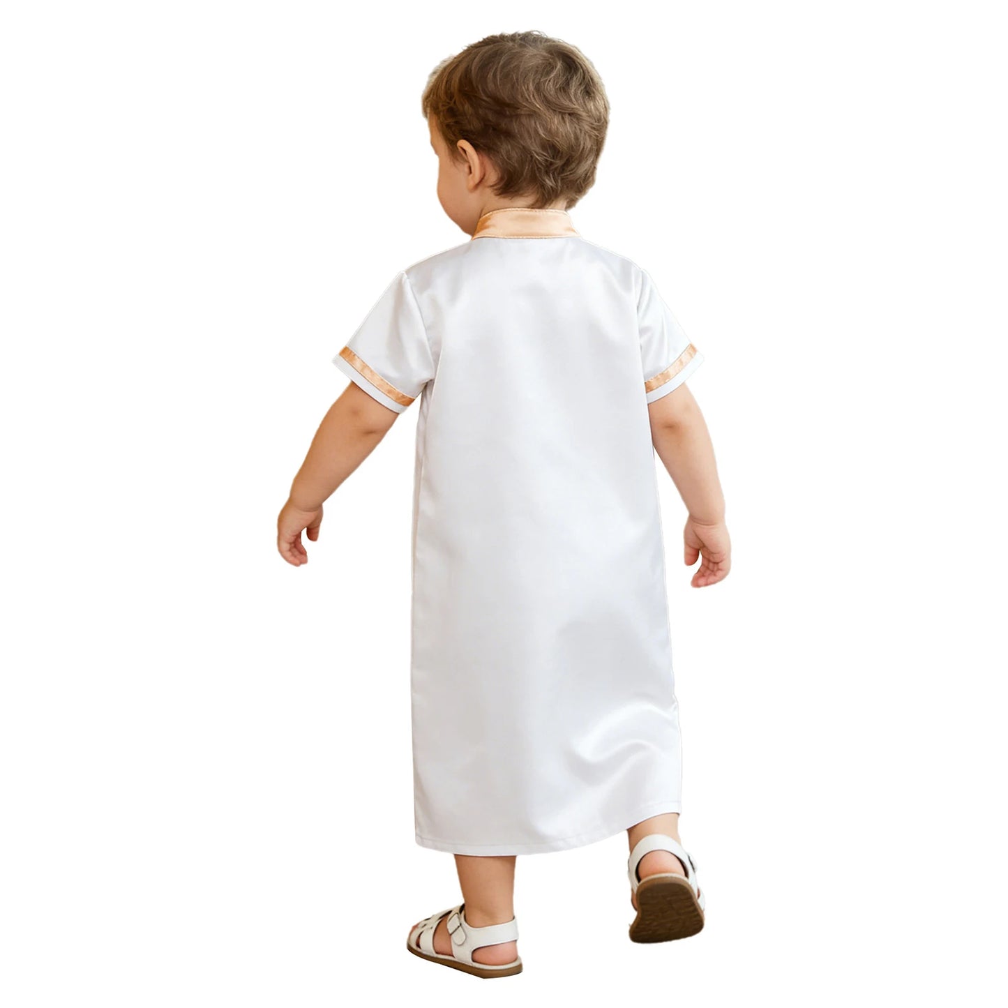 Muslim Baby Boys Robe Ramadan Eid Abaya Stand Collar Short Sleeve Satin Dress Gown with Pocket Arabic Islamic Dubai Kaftan Thobe