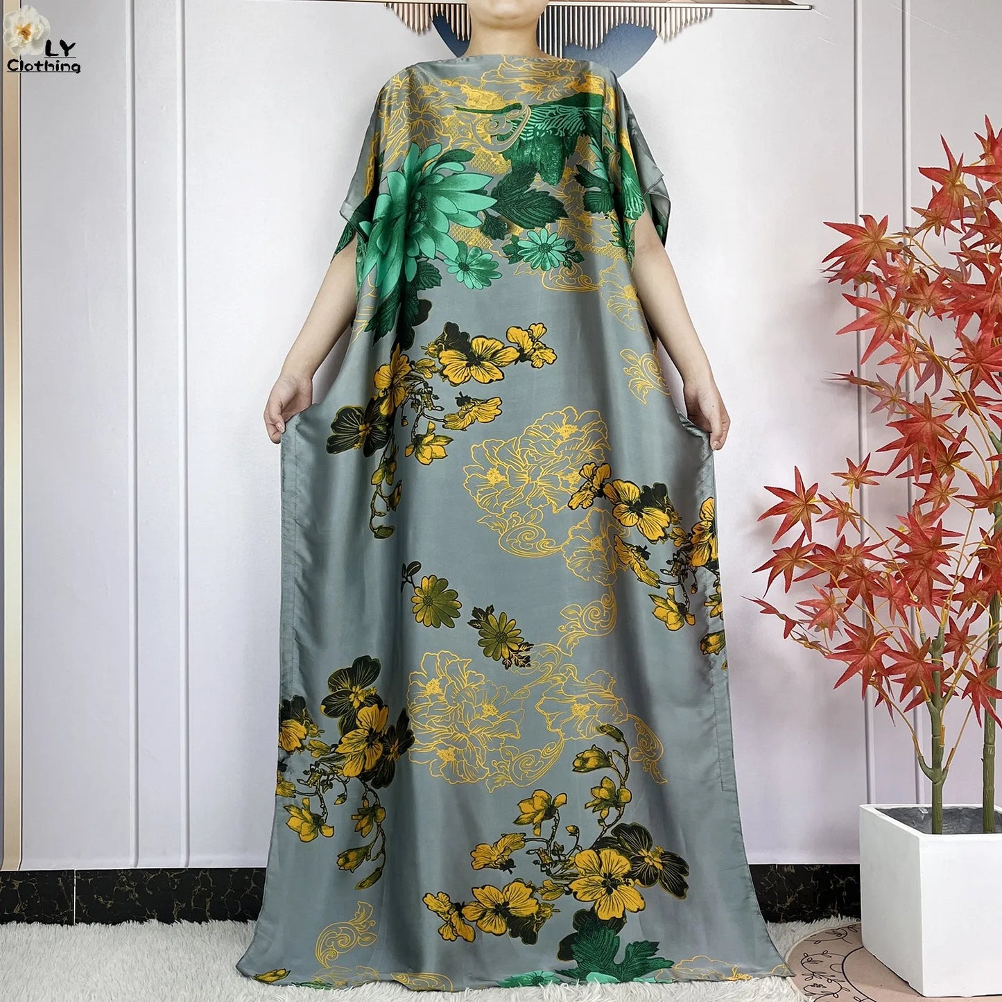 Muslim Abayas For Women 2023 New Fashion Printed Silk Soft Loose Femme Elegant Robe African Maxi Party Dresses With Belt Turban