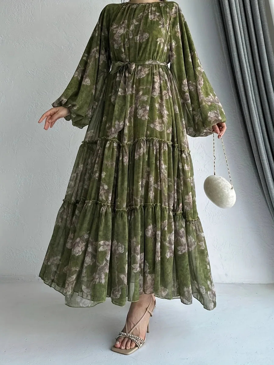 Eid Chiffon Women Dress Abaya Flower Print Muslim Vestidos Largo Dubai Kaftan Arab Long Robe Ramadan Morocco Dresses Jalabiya