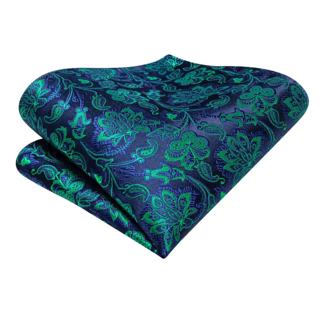 Hi-Tie Teal Green Floral Mens Fashion Necktie Handkerchief Cufflinks for Tuxedo Accessory Classic Silk Luxury Tie for Man Gift