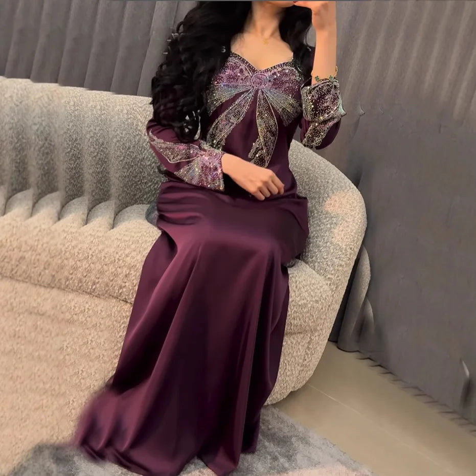 Muslim Long Dress for Women Party Abaya Vestidos Diamonds Ramadan Morocco Dubai 2025 Abayas Kaftan Islam Arab Robe Jalabiya