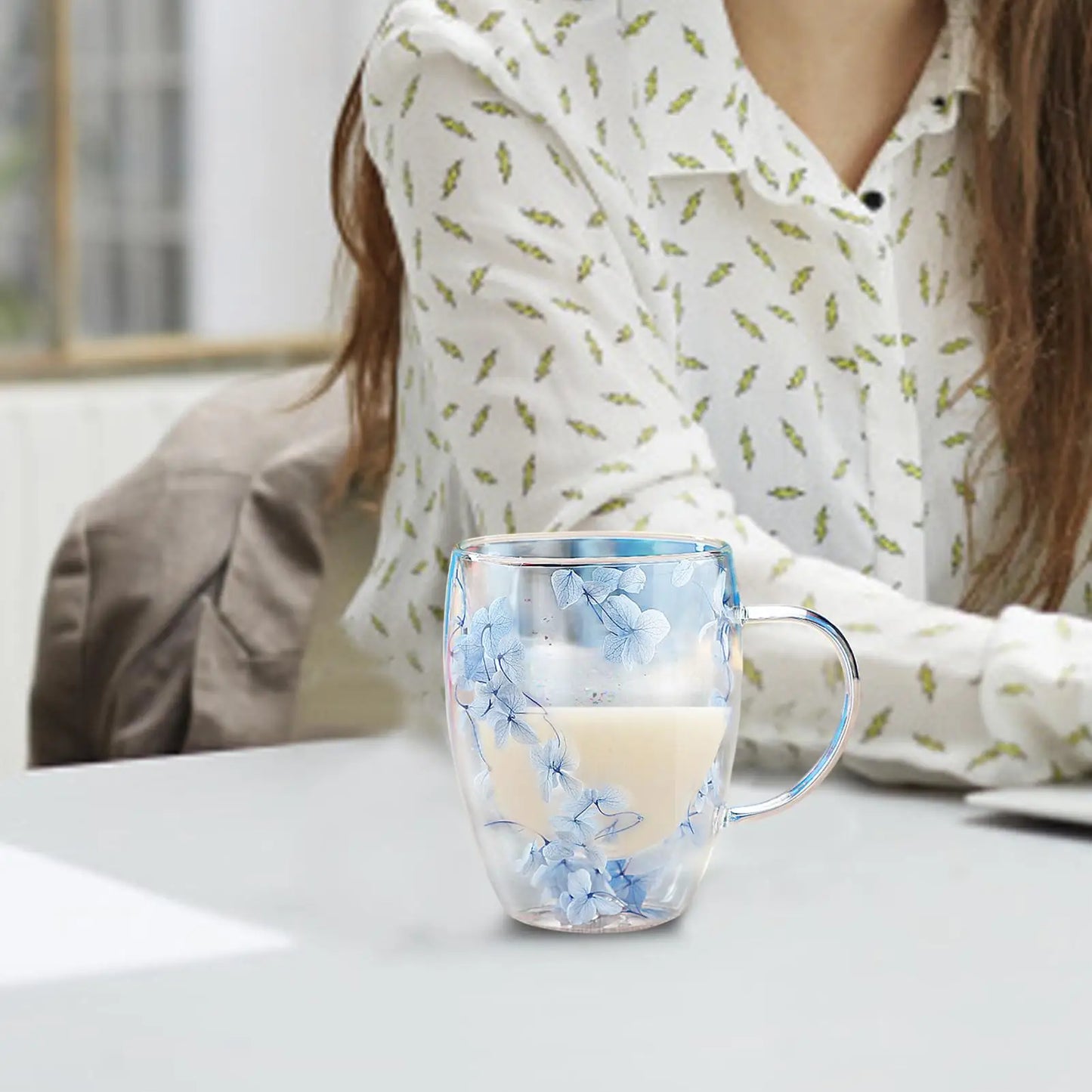 Aesthetic Dried Flower Glass Mug Double-Wall Insulated & Heat Resistant Perfect for Coffee, Tea, Office & Home Decor Gifts