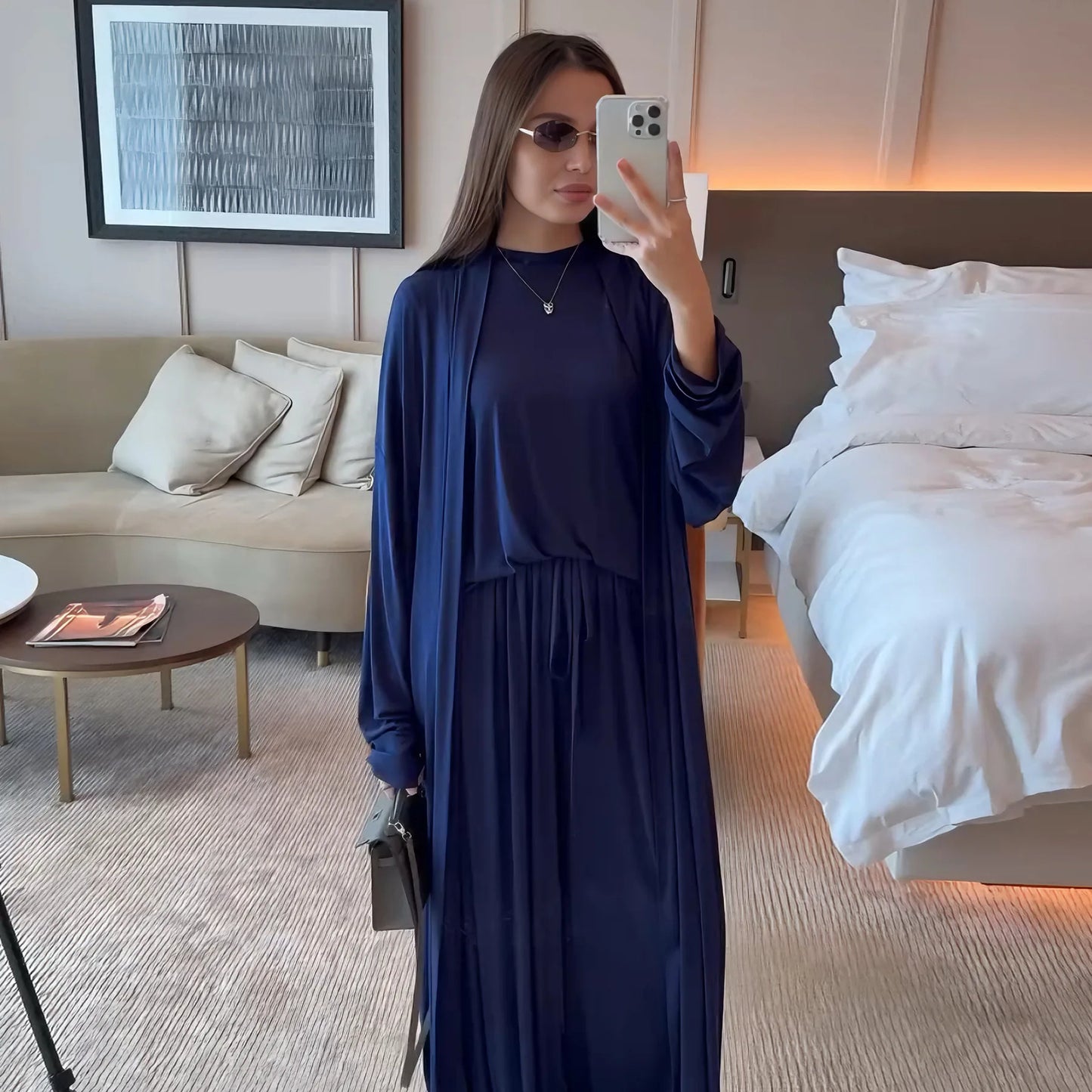 Muslim 3 Piece Set Women Cardigan Shirt Wide Leg Pant Blouse Top Suit Musulman Ensemble Dubai Casual Femme Outfits Solid Casual